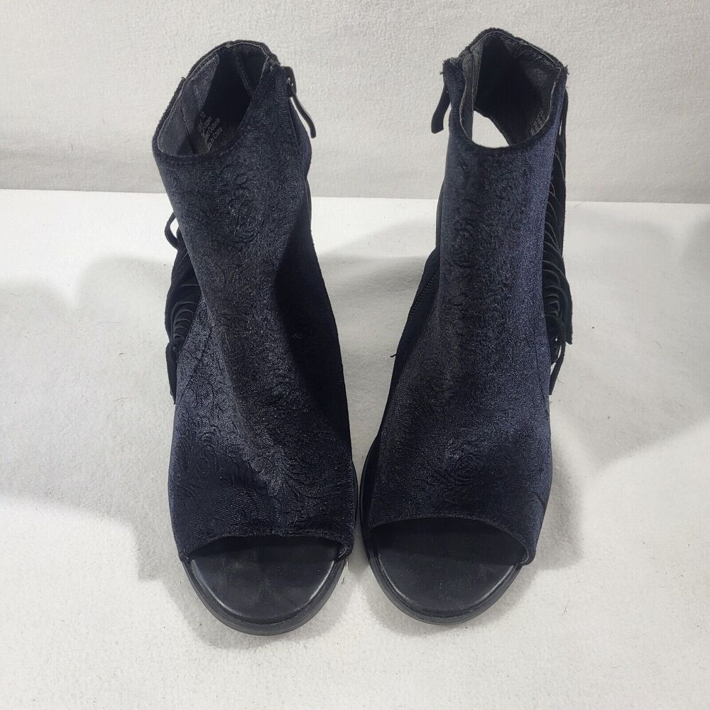 Very Volatile Boots Womens 10 Poca Fringe Peep Toe Booties Black Faux Leather